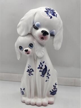 Vtg MCM Japan Long Neck Dog Figurine Kitsch White Blue Floral Eyelash MCM Tilso